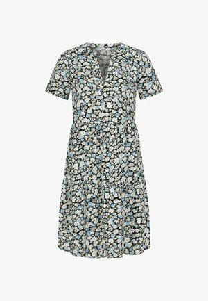 Kwiatowa sukienka z krótkimi rękawami, czarne tło oraz białe, niebieskie i żółte kwiaty. Posiada dekolt w kształcie litery V oraz marszczoną talię.