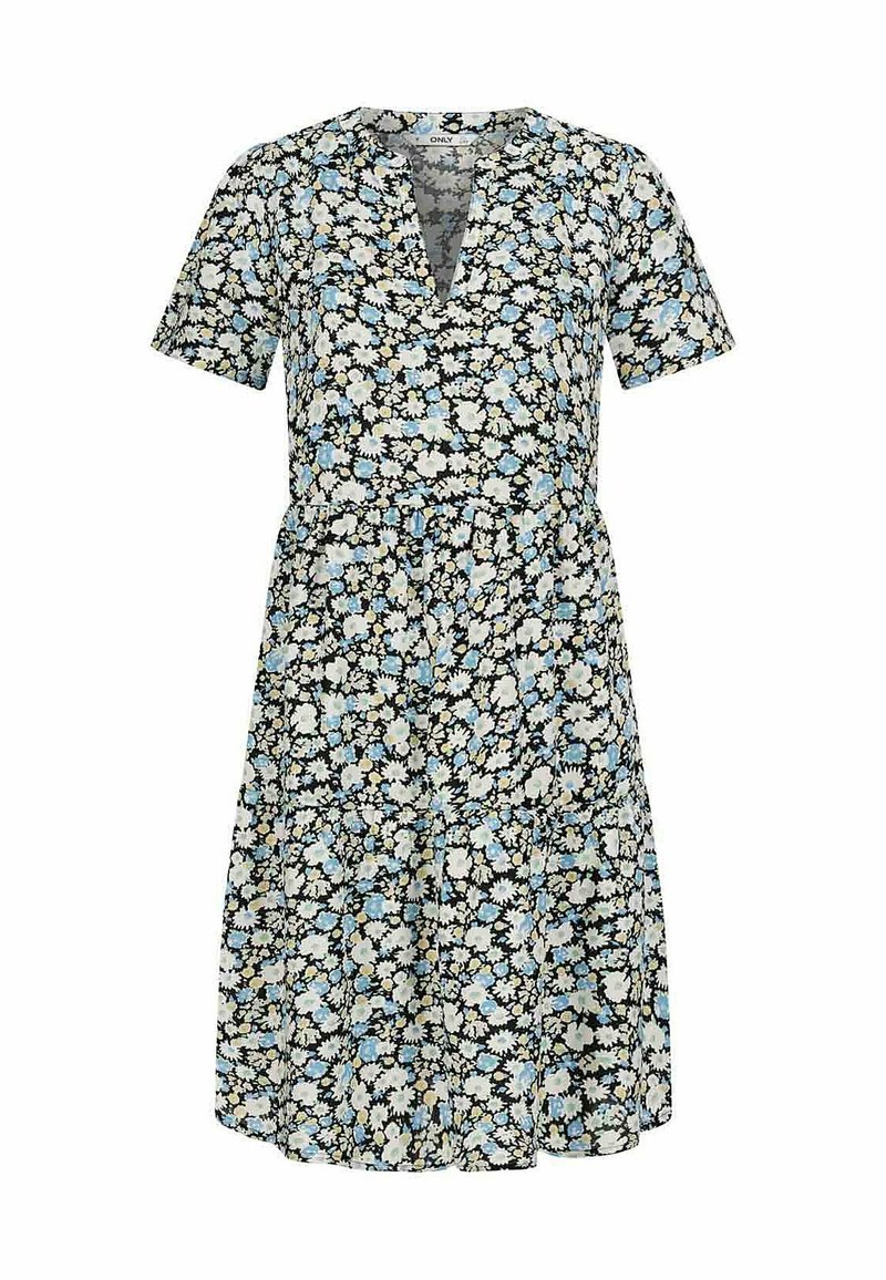 Květinové šaty s krátkým rukávem, černým pozadím a bílými, modrými a žlutými květy. Mají výstřih do V a nabraný pas.