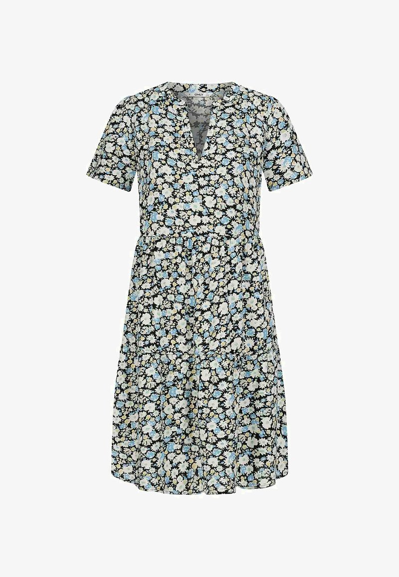 Kwiatowa sukienka z krótkimi rękawami, czarne tło oraz białe, niebieskie i żółte kwiaty. Posiada dekolt w kształcie litery V oraz marszczoną talię.