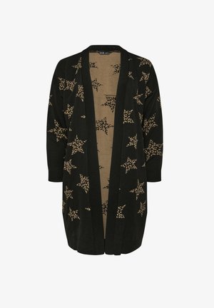 Sort cardigan med leopardstjerne mønster, åben front og trekvartærmer. Ribbestrikket tekstur og kontrasterende tan indvendig foring.