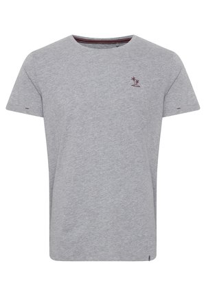 Grå bomullströja med rund halsringning, korta ärmar och en liten broderad palm design i mörkröd färg på vänster bröst.