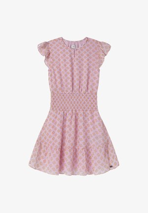 Vestido rosa de mangas cortas con cintura fruncida, falda acampanada y estampado floral en naranja y amarillo. Tejido ligero y transpirable con mangas con volantes.