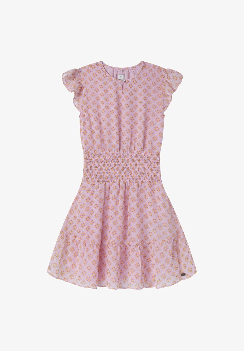 Roza haljina s kratkim rukavima, s gumiranim pojasom, lepršavim suknjama i cvjetnim uzorkom u narančastoj i žutoj boji. Lagana, prozračna tkanina s naboranim rukavima.