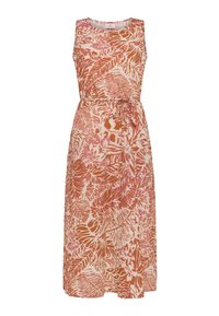 Mouwloze midi-jurk in beige met een bloemmotief in oranje en roze. Heeft een ceintuur en een vloeiende silhouet.