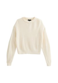 Pullover di maglia color crema chiaro con scollatura rotonda e maniche lunghe, dotato di polsini e orlo a costine. Design cropped, texture morbida.