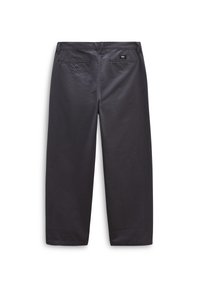 Black, straight-leg trousers made of smooth fabric, featuring two back pockets with buttons and a small brand tag on the waistband.