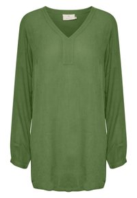Groene blouse met lange mouwen, gemaakt van lichtgewicht stof. Heeft een V-hals, een ontspannen pasvorm met subtiele textuur en manchetten aan de mouwen.