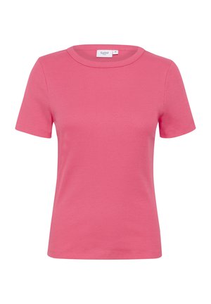 Paarse ribgebreide t-shirt met korte mouwen, ronde hals en een label met de tekst "Saint" op de bovenrug. Zachte textuur.