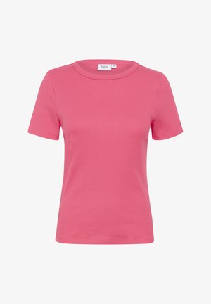 Prigludusi rožinė ridžiuota marškinėliai su trumpomis rankovėmis, apvaliu kaklu ir etikete "Saint" viršuje nugaros zonoje. Minkšta tekstūra.