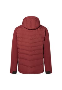Giacca isolante rossa con cappuccio, motivo trapuntato orizzontale, polsini elasticizzati e tessuto liscio. Progettata per calore e comfort.