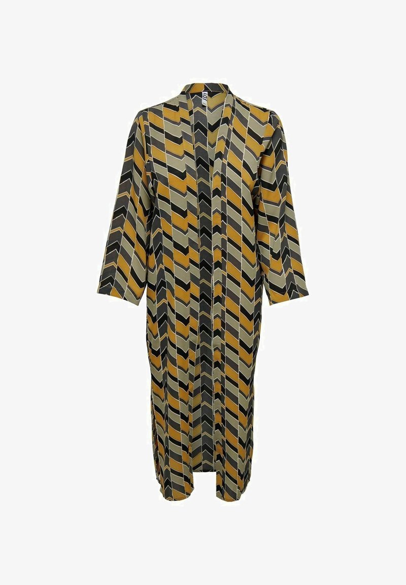Long manteau ouvert sur le devant avec motif géométrique chevron dans des tons jaune moutarde, noir et gris et manches longues droites.