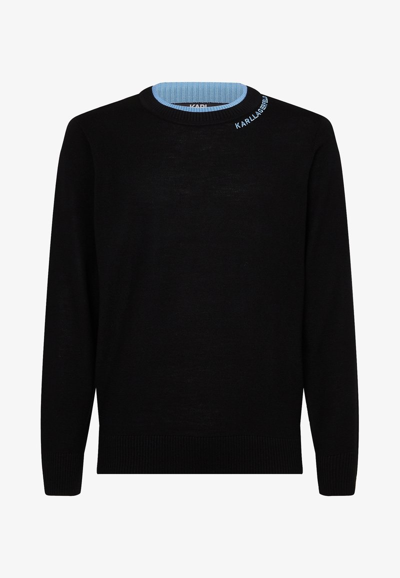 Pull noir à manches longues avec col rond, col intérieur bleu clair et texte « KARLLAGERFELD » sur le col avant.
