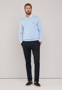 Maglione azzurro chiaro con scollatura tonda e polsini a costine, abbinato a pantaloni scuri e scarpe slip-on marroni. Presenta un delicato dettaglio ricamato.