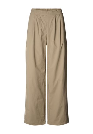 Pantalon beige à jambes larges avec une taille élastique, présentant des plis subtils et des bandes latérales, fabriqué en tissu léger à texture lisse.