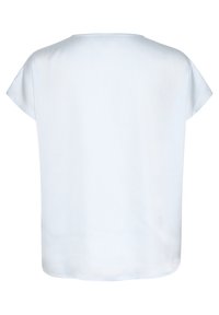 Top corto azzurro con maniche corte e vestibilità rilassata. Tessuto liscio, scollatura rotonda e orlo dritto. Sottili righe verticali.