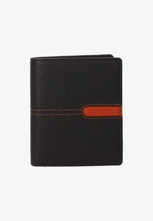 Zwarte leren portemonnee met een contrasterende oranje accent, voorzien van het woord "VENEZIA" geperst op een band. Compact opvouwbaar ontwerp.