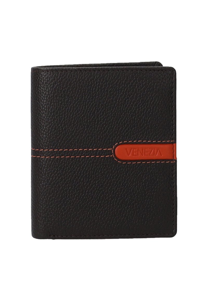 Zwarte leren portemonnee met een contrasterende oranje accent, voorzien van het woord "VENEZIA" geperst op een band. Compact opvouwbaar ontwerp.