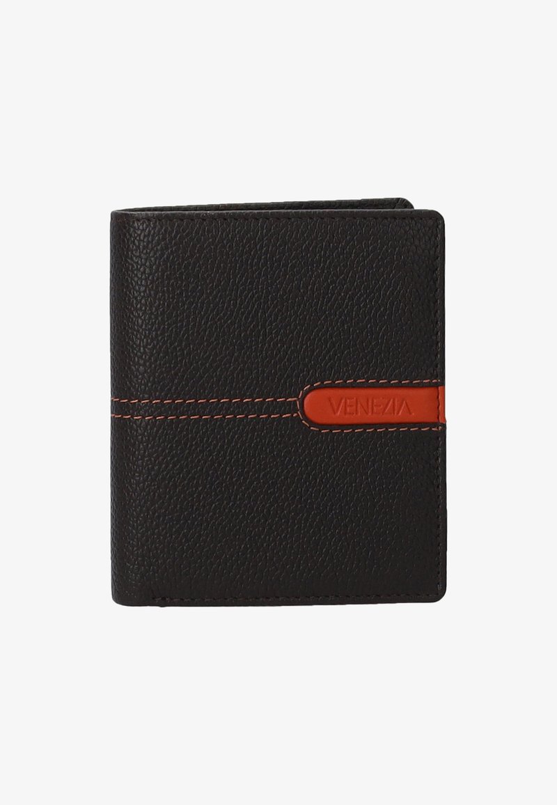 Zwarte leren portemonnee met een contrasterende oranje accent, voorzien van het woord "VENEZIA" geperst op een band. Compact opvouwbaar ontwerp.