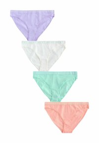 Quatre paires de culottes pour femmes : lavande, blanche, vert menthe et pêche, avec des ceintures élastiques arborant le mot "NEXT" en gris clair.