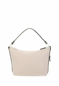 Sac à épaule en cuir beige clair avec des bords noirs, silhouette courbée et fermeture éclair en haut. Dispose d'une poignée unique pour le transport.