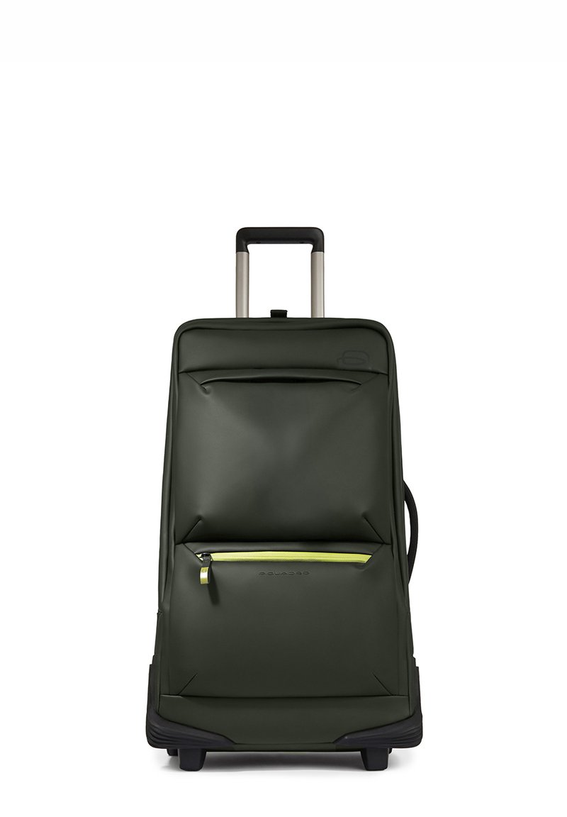 Valigia con ruote di colore verde scuro con finitura opaca. Dotata di manico retraibile, una tasca frontale con zip gialla a contrasto e ruote nere.