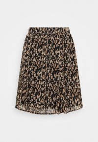 Falda negra con un patrón floral en tonos de beige y marrón, con una cinturilla elástica y un diseño fluido. Tejido ligero.