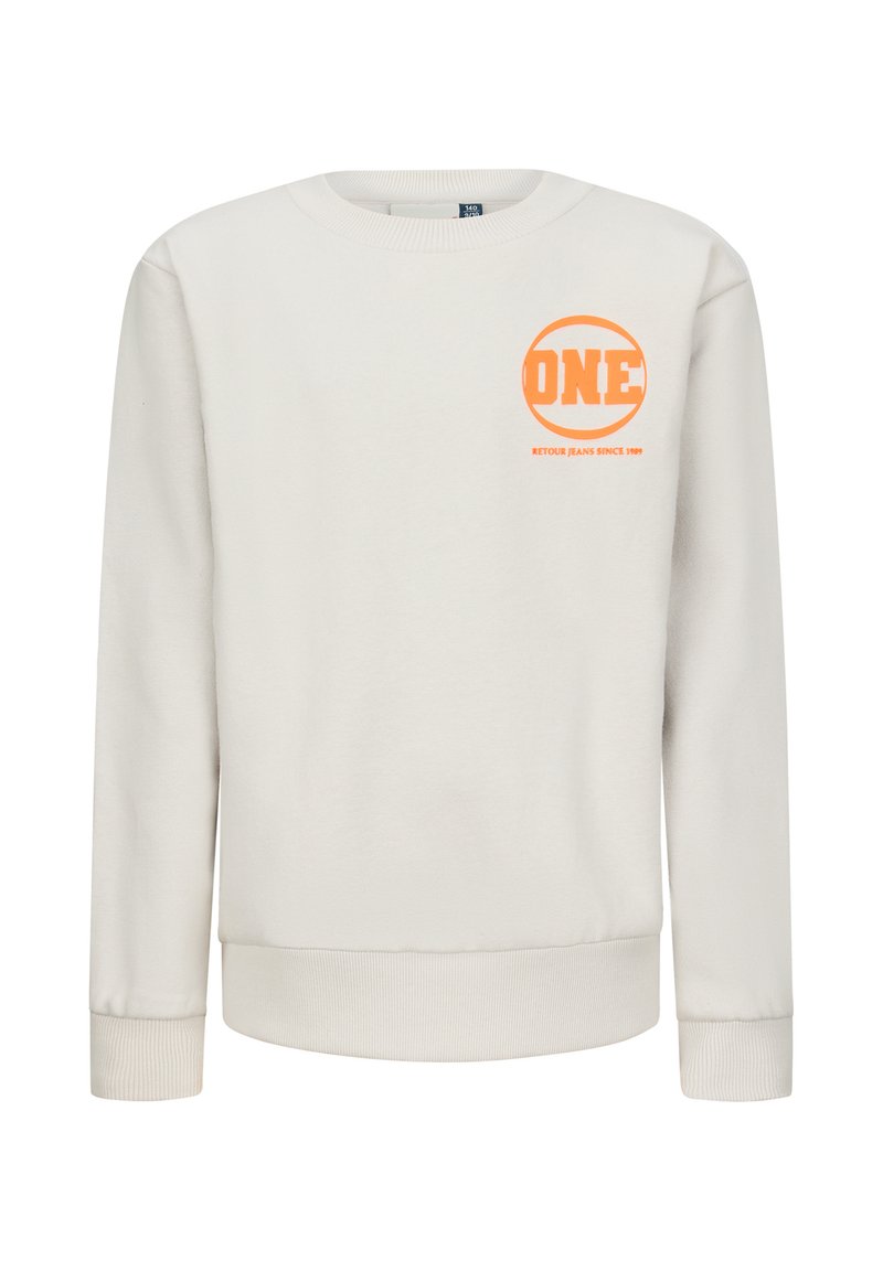 Felpa beige chiaro con polsini e orlo a coste. La parte frontale presenta una grafica circolare arancione con il testo "ONE" e "RETOUR JEANS SINCE 1999."