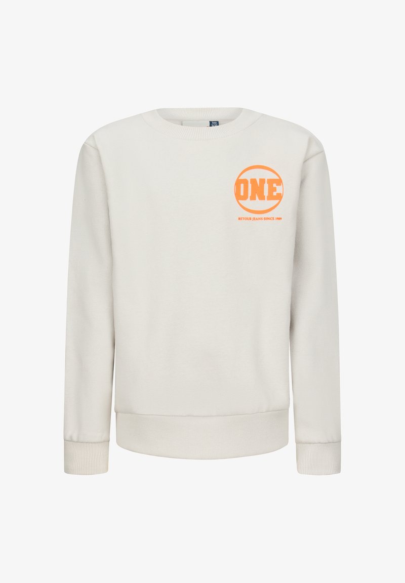 Felpa beige chiaro con polsini e orlo a coste. La parte frontale presenta una grafica circolare arancione con il testo "ONE" e "RETOUR JEANS SINCE 1999."