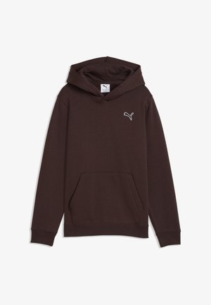 Mørkebrun hættetrøje med lange ærmer, en frontlomme og et lille hvidt Puma-logo på venstre bryst.