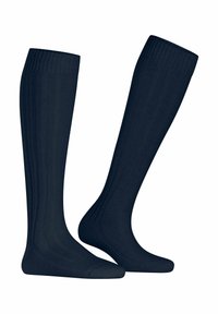 Calze fino al ginocchio di colore blu navy scuro, con texture a coste, tessitura liscia, polsini elasticizzati, progettate per il comfort e il supporto.