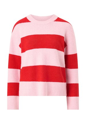 Pink and red wide horizontal striped knit sweater with long sleeves and a round neckline.