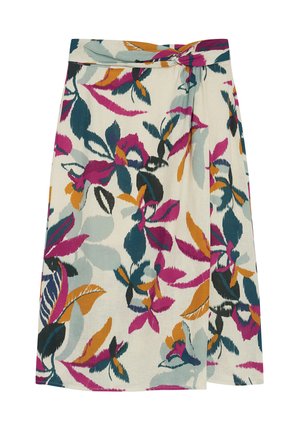 Bloemrijke wikkelrok met een lichtcrème achtergrond en kleurrijke loof in roze, teal, oranje en zwart. Gladde textuur met een strik taille.