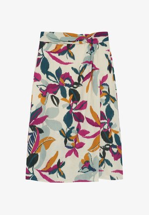 Falda envolvente floral con un fondo crema claro y un follaje colorido en rosa, verde azulado, naranja y negro. Textura suave con cintura ajustable.