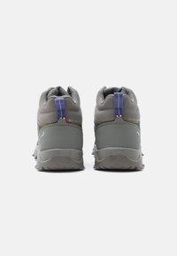 Ζευγάρι γκρι υποδημάτων πεζοπορίας με μπλε θηλειές έλξης, εμφανιζόμενα από πίσω σε λευκό φόντο.