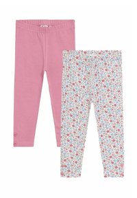 Két leggings pár: az egyik egyszínű rózsaszín gombos részletekkel, a másik fehér, élénk virágmintával. Mindkettő rugalmas derékpánttal rendelkezik.