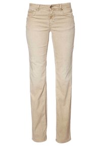 Ljusa beige jeans med rak passform, tillverkade av mjukt bomullstyg. Har knäppning med knapp, femficksdesign och subtila urtvättning.