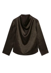 Maglia a maniche lunghe con collo a cowl in marrone scuro, realizzata in un tessuto leggero con una texture stropicciata e orlo dritto, caratterizzata da dettagli di drappeggio sottili.