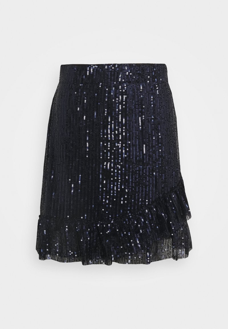 Mini-jupe noire recouverte de sequins brillants avec un ourlet à volants, présentée sur un fond clair uni.