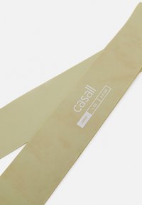 Sangle de résistance de couleur jaune clair, fabriquée en matériau flexible, avec une texture mate et une marque imprimée indiquant les spécifications de poids.