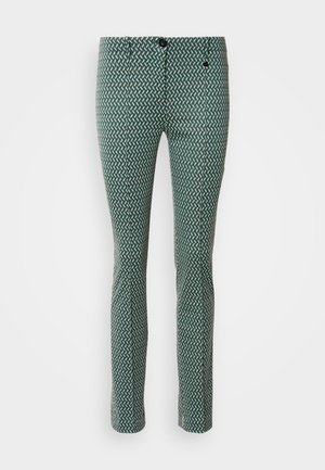 Groene broek met een geometrisch patroon, slim fit, met een knoopsluiting en subtiele zakdetails. Zachte stofstructuur.
