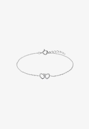 Silver bracelet featuring two interlocking heart shapes, one smooth and the other adorned with small clear stones. Adjustable chain closure.