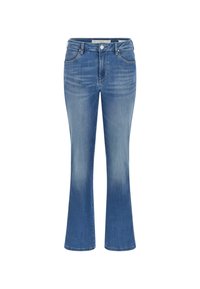 Jeans in denim blu a zampa d'elefante con un lavaggio chiaro, design a cinque tasche e chiusura con bottone. Presentano leggeri sbiadimenti e una vestibilità dritta.
