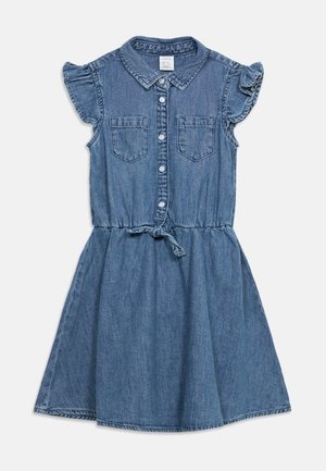 Džínové krátke šaty s krátkym rukávom, gombíkmi vpredu, dvoma náprsnými vreckami, volánikovými rukávmi, golierom a opaskom v páse pre dievčatá.