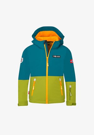 Bunte Kinderjacke mit tealfarbenem Oberteil, limettengrünem Unterteil und orangefarbenen Akzenten. Mit einem Reißverschluss vorne und mehreren Taschen.