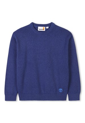 Maglione azzurro realizzato a maglia con scollatura rotonda. Presenta polsini e orlo a coste, un tessuto testurizzato e un piccolo logo di un albero blu sul fronte in basso.