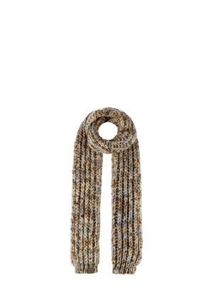 Thick knitted scarf in beige, brown, and gray tones with ribbed texture, looped at the top on a white background.