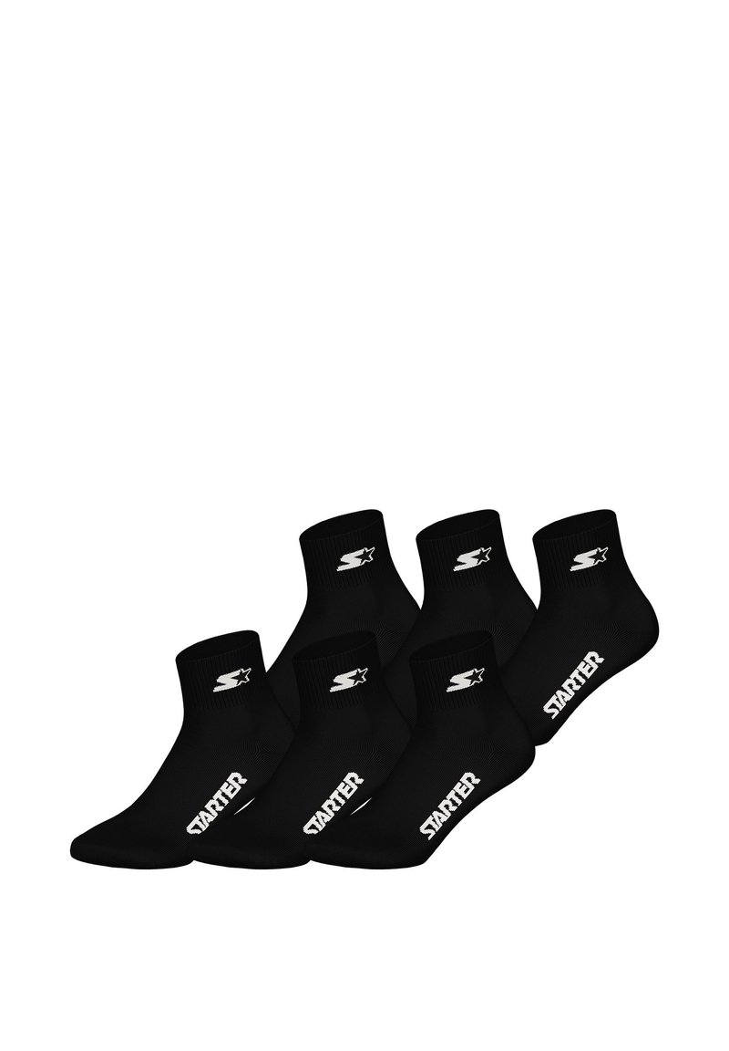 Black ankle socks, cotton blend, featuring a ribbed cuff. Notable white logo and text "STARTER" printed on the side. Set of six pairs.