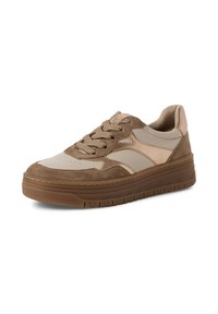 Braune Wildleder- und Ledersneaker mit beigem Seitenpanel, runder Zehenpartie, dickem Plattformsohle und Schnürdesign. Strukturierte Akzente überall.
