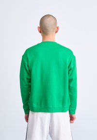 Žalia crewneck tipo megztinis, pagamintas iš minkštos medžiagos, turi laisvą kirpimą ir griovelius ant rankovių ir apatinės dalies. Atgalinėje pusėje matomas paprastas dizainas be papuošimų.