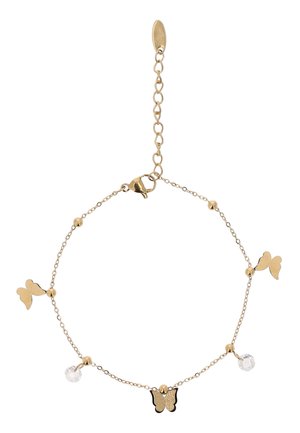 Brățară delicată din lanț de aur cu talismane în formă de fluture și accente de mărgele clare, prevăzută cu închizătoare tip carabină și lanț extensibil ajustabil.